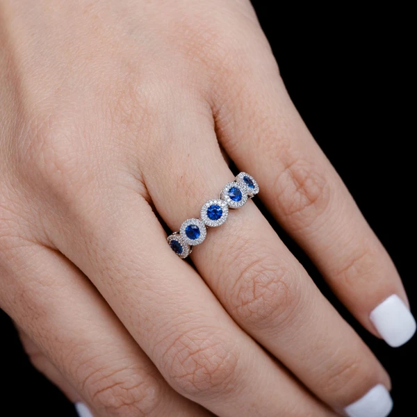 Five Stone Sapphire And Diamond Halo Band Ring 14k Solid Gold 0.75ctw