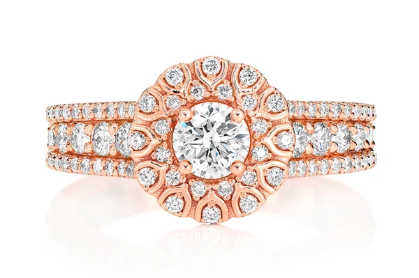 Wishbone Halo Diamond Engagement Ring 1.10ctw - 14k Solid Gold- All Natural