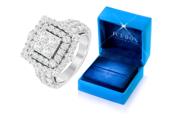 3.25ctw - Square Double Halo Cluster Wide Band - Diamond Engagement Ring - All Natural