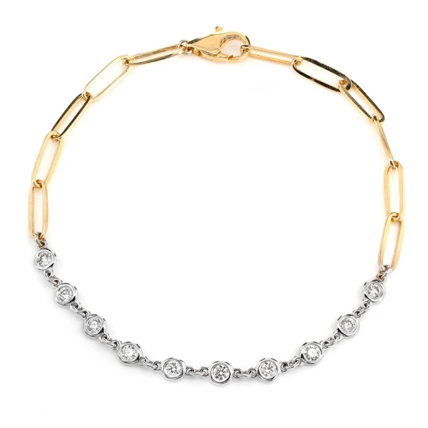 Diamond Bezel Set Enlongated Rolo Link Bracelet 14k Solid Gold 0.50ctw