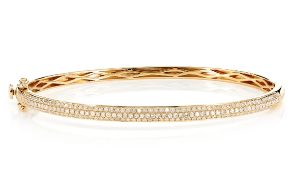 Diamond Three Row Pave Bangle Bracelet 14k Solid Gold 1.05ctw