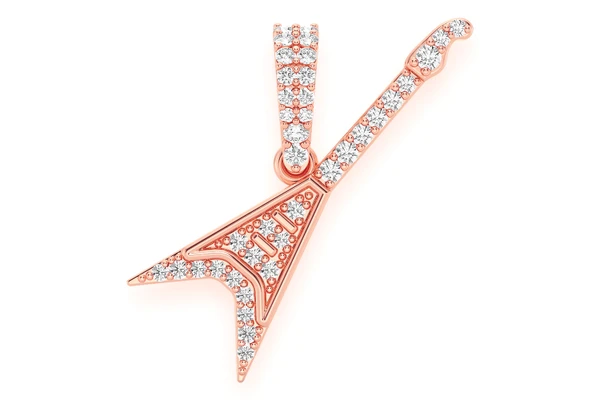 Flying V Guitar Diamond Pendant 14k Solid Gold 0.15ctw