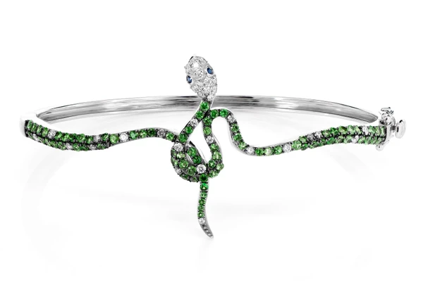 Emerald And Diamond Snake Bangle Bracelet 14k Solid Gold 2.00ctw