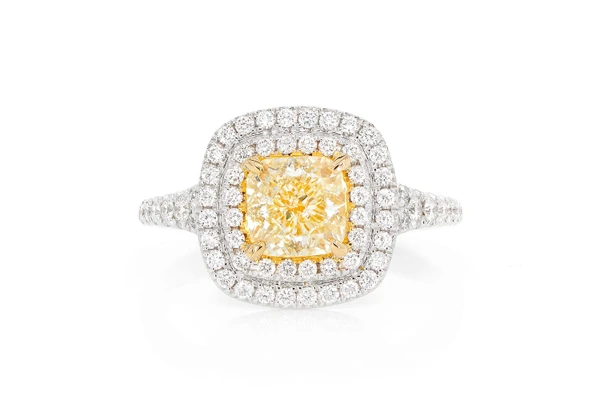 1.50ct Cushion Fancy Yellow Diamond Double Halo Diamond Ring 14k Solid Gold 