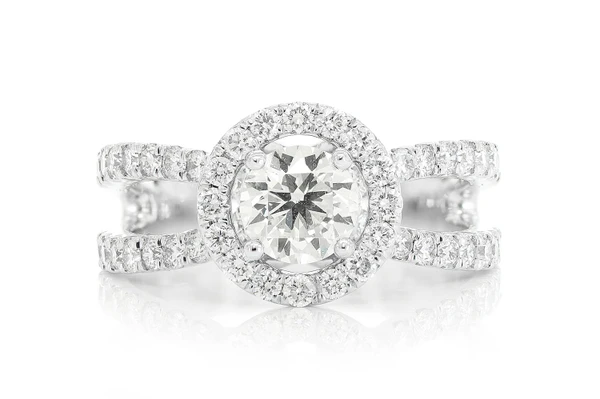 0.50ct Round Solitaire - Split Shank Halo Diamond Engagement Ring - All Natural