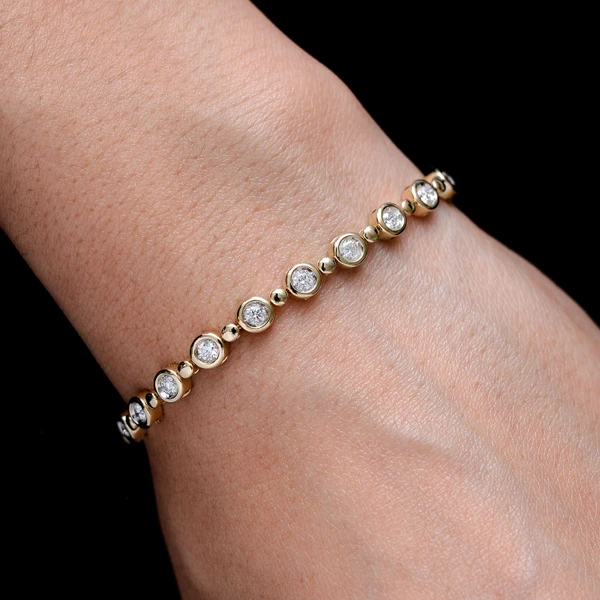 Diamond Bezel Beaded Link Bracelet 14k Solid Gold 1.75ctw 