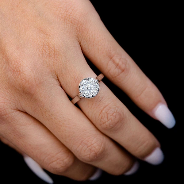 Cathedral Round Cluster Diamond Engagement Ring 14 Solid Gold - All Natural - 0.75ctw