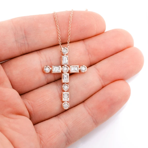 Baguette And Round Diamond Cross Pendant Necklace Attached14k Solid Gold 0.75ctw