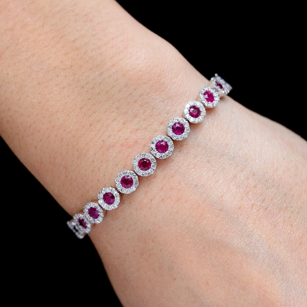 Ruby And Diamond Halo Tennis Bracelet 14k Solid Gold 9.00ctw