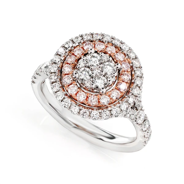 Double Halo Round Cluster Diamond Ring 14k Solid Gold 1.15ctw