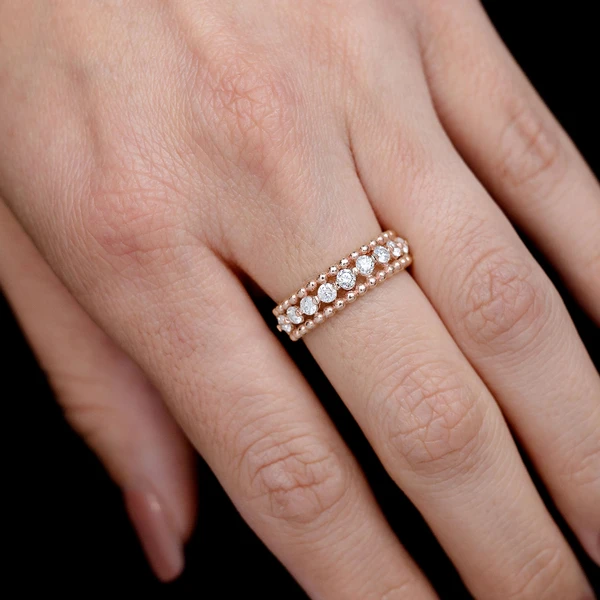 Beaded Border Diamond Band Ring 14k Solid Gold 0.55ctw