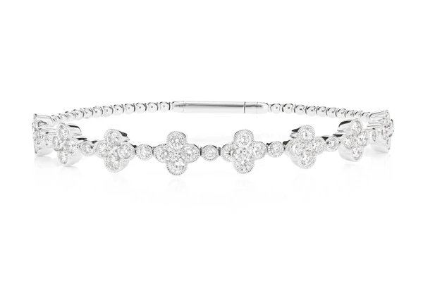 Milgrain Diamond Clover Flex Bangle Bracelet 14k Solid Gold 2.80ctw