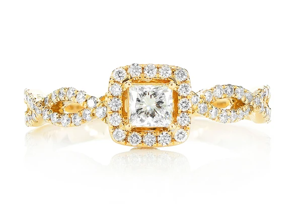 0.85ctw Princess Halo Twist Shank - Diamond Engagement Ring - All Natural 