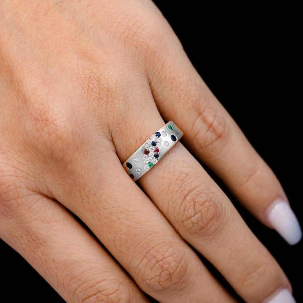 Scattered Cluster Multi Gem And Diamond Band Ring 14k Solid Gold 0.35ctw