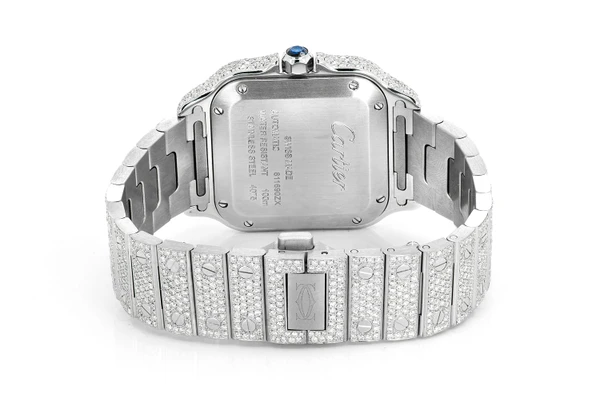 Cartier Santos 100 35MM Steel 14.25ctw - Fully Iced Out