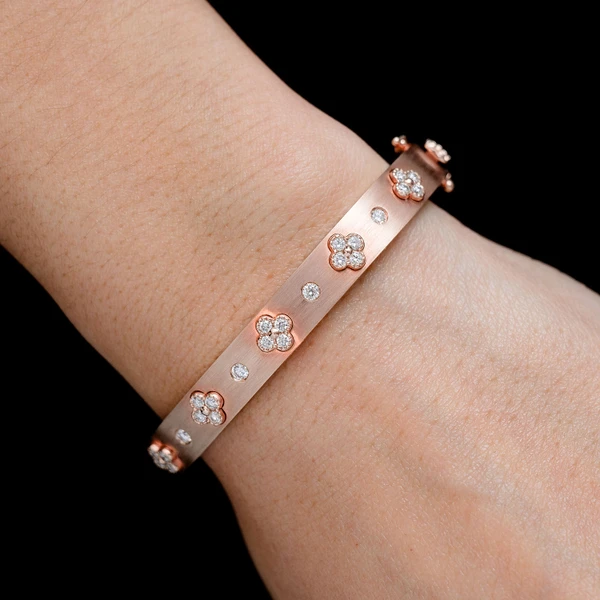 Diamond Milgrain Clover Satin Bangle Bracelet 14k Solid Gold 0.80ctw