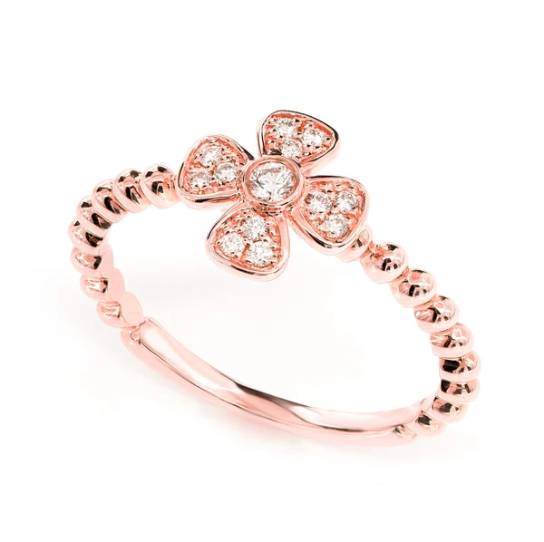 Beaded Diamond Bezel Flower Ring 14k Solid Gold 0.10ctw