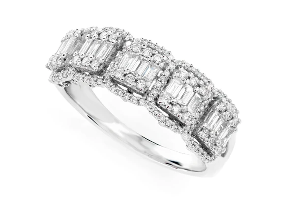 Baguette And Round Stone 5 Halo Diamond Ring 14k Solid Gold 0.70ctw