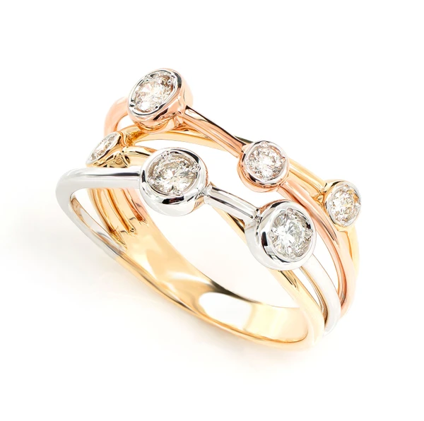 Four Row Tri Tone Scattered Bezel Diamond Band Ring 14k Solid Gold 0.35ctw