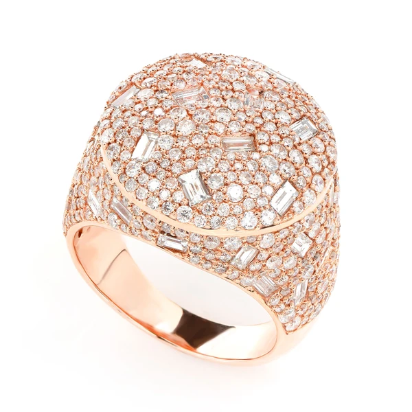 Round Gypsy Baguette Diamond Signet Ring Solid Gold 6.15ctw