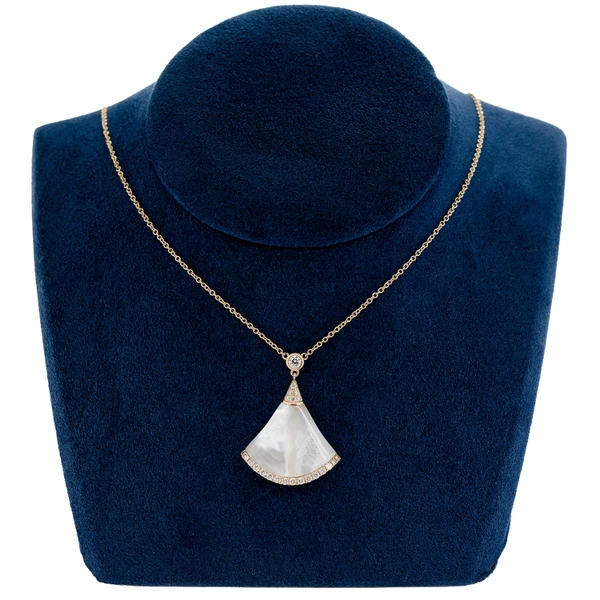 Mother Of Pearl Fan And Diamond Bezel Pendant Attached Necklace 14k Solid Gold 0.35ctw 