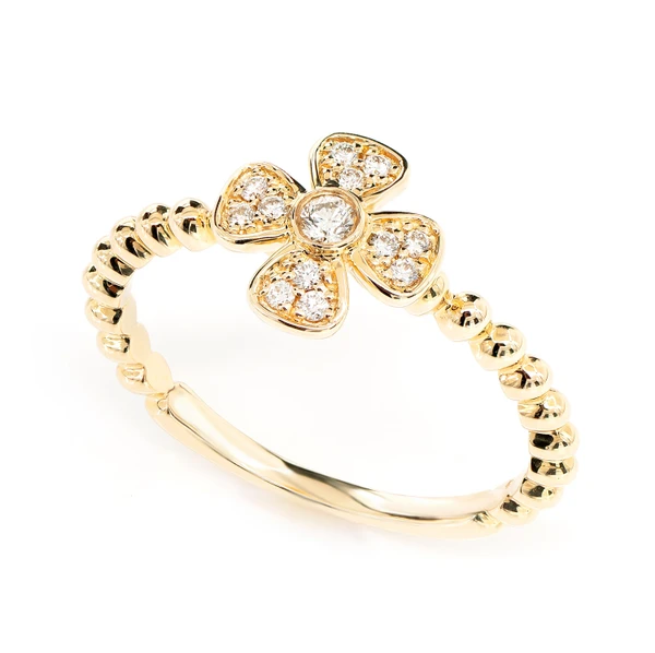 Beaded Diamond Bezel Flower Ring 14k Solid Gold 0.10ctw