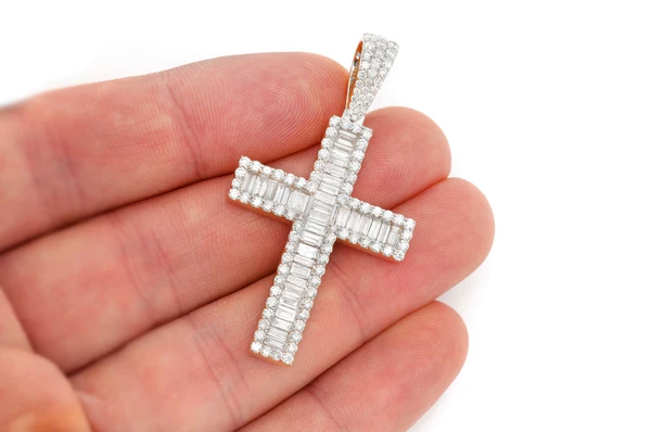 Baguette Cross Diamond Pendant 14k Solid Gold 4.00ctw