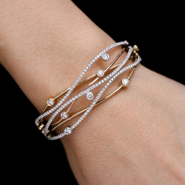 Tri Tone Six Row Scattered Bezel Diamond Twist Bangle Bracelet 14k Solid Gold 2.40ctw