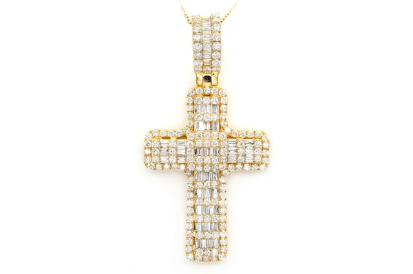 4 Layer Baguette & Round Cross Pendant 14k Solid Gold 3.50ctw