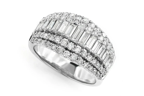 Four Row Graduated Baguette And Round Diamond Ring 14k Solid Gold 2.00ctw