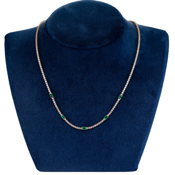 Diamond Tennis Necklace With Emerald Gemstones 14k Solid Gold 5.90ctw