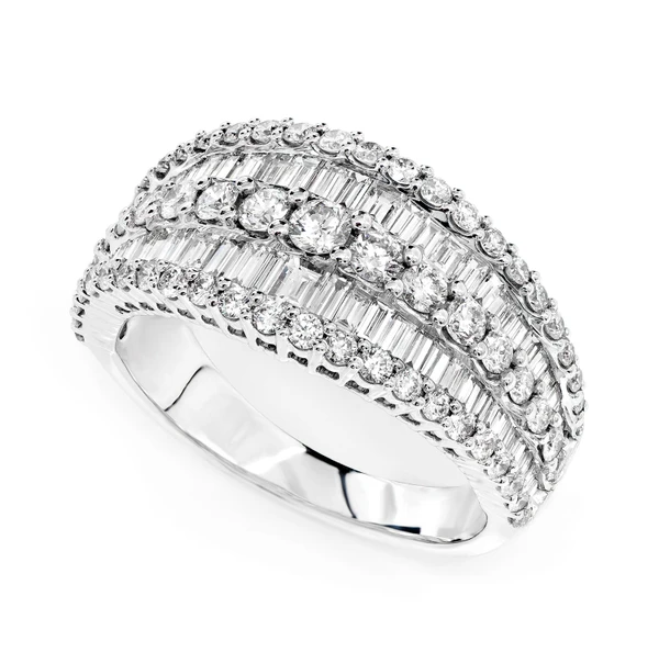 Tapered Two Row Baguette And Round Diamond Ring 14k Solid Gold 1.95ctw