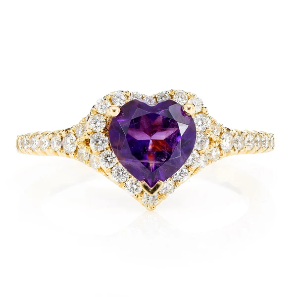 Heart Amethyst And Diamond Halo Ring 14k Solid Gold 1.50ctw
