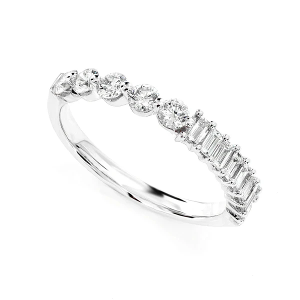 Single Row Half Baguette Half Round Diamond Ring 14k Solid Gold 0.90ctw