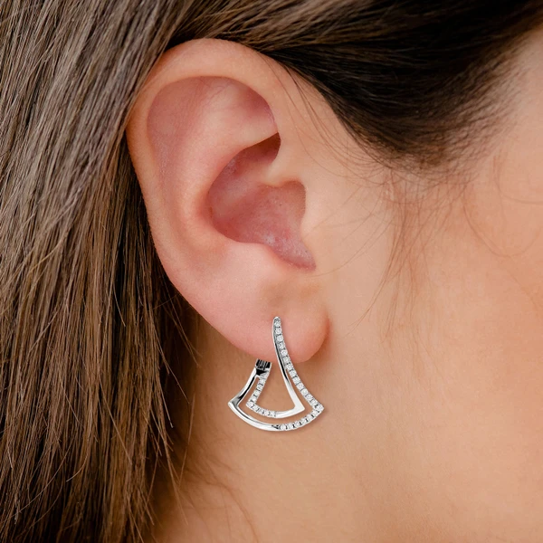 Two Row Chevron Diamond Half Hoop Earrings 14k Solid Gold 0.45ctw