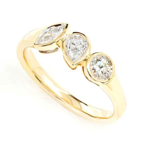 Multi Shape Diamond Bezel Trio Band Ring 14k Solid Gold 0.35ctw