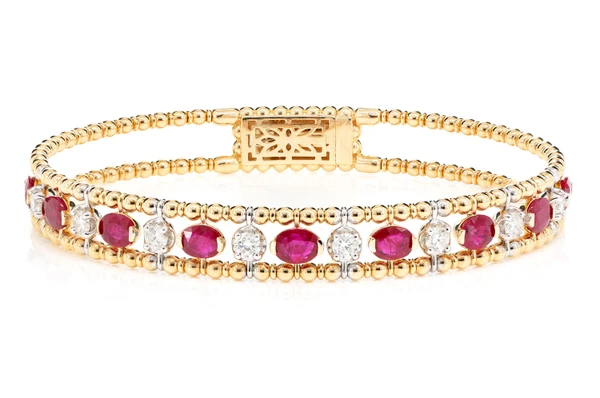 Oval And Round Beaded Ruby And Diamond Flex Bangle Bracelet 14k Solid Gold 3.50ctw