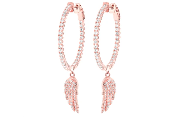 Feather Wing Dangling Hoop Diamond Earrings 14k Solid Gold 3.33ctw