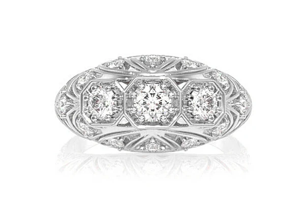 Art Deco Inspired Geometric Floral Diamond Ring 14k Solid Gold 0.65ctw
