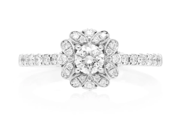 Round Floral Halo Diamond Ring 14k Solid Gold 0.75ctw