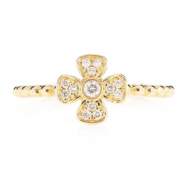 Beaded Diamond Bezel Flower Ring 14k Solid Gold 0.10ctw