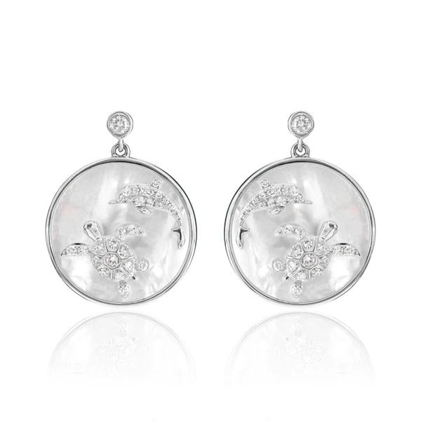 Mother Of Pearl And Diamond Sea Turtle Dolphin Earrings 14k Solid Gold 5.40ctw