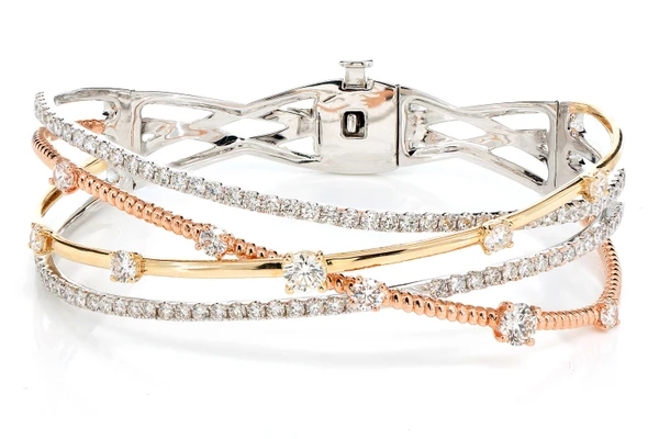 Tri Tone Four Row Scattered Diamond Twist Bangle Bracelet 14k Solid Gold 3.75ctw