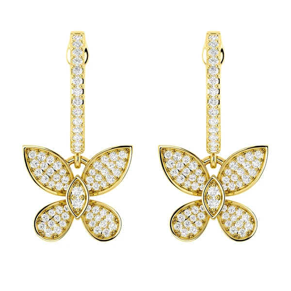 Butterfly Dangling Diamond Hoop Earrings 14k Solid Gold 0.45ctw
