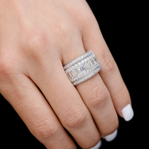 Tapered Baguette And Round Diamond Beaded Border Band Ring 14k Solid Gold 3.10ctw