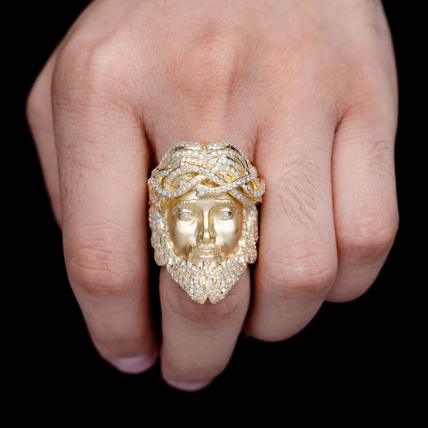 Jesus Signet Crown Of Thorns Diamond Ring Solid Gold 3.25ctw