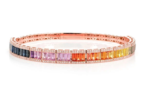 Rainbow Sapphire And Diamond Flex Bangle Bracelet 14k Solid Gold 7.10ctw