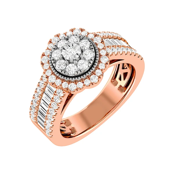 Floral Round And Baguette Diamond Engagement Ring 1.00ctw 14k Solid Gold - All Natural