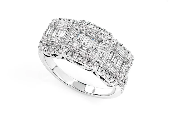 Baguette And Round Diamond Three Stone Cluster Ring 14k Solid Gold 1.00ctw