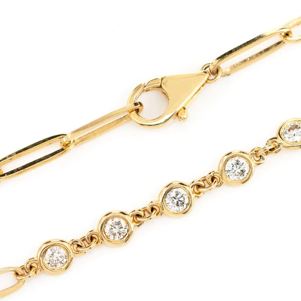 Elongated Diamond Bezel Rolo Link Bracelet 14k Solid Gold 0.70ctw